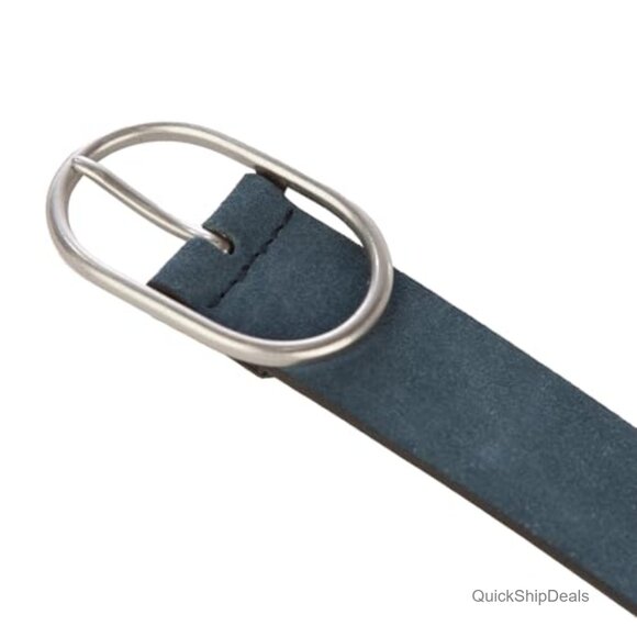 Suede Leather Belt with Oval Center Bar Buckle, Slim Structured Strap